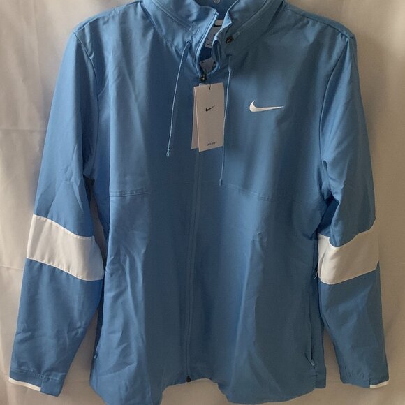 NIKE Women's Dri-Fit Jacket with Packable Hoodie in Blue/White Sz LARGE - Picture 1 of 4